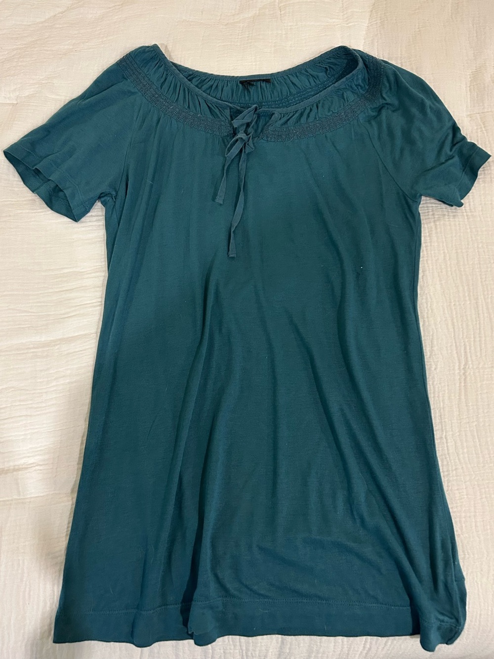 Boho Teal Tie Neck Short Sleeve Top Size Small